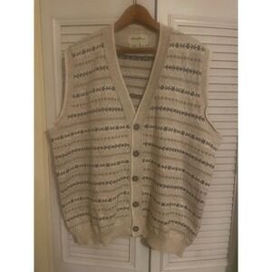Eddie Bauer Mens Fair Isle Knit V Neck Button Front Vest Tall L Beige Tan